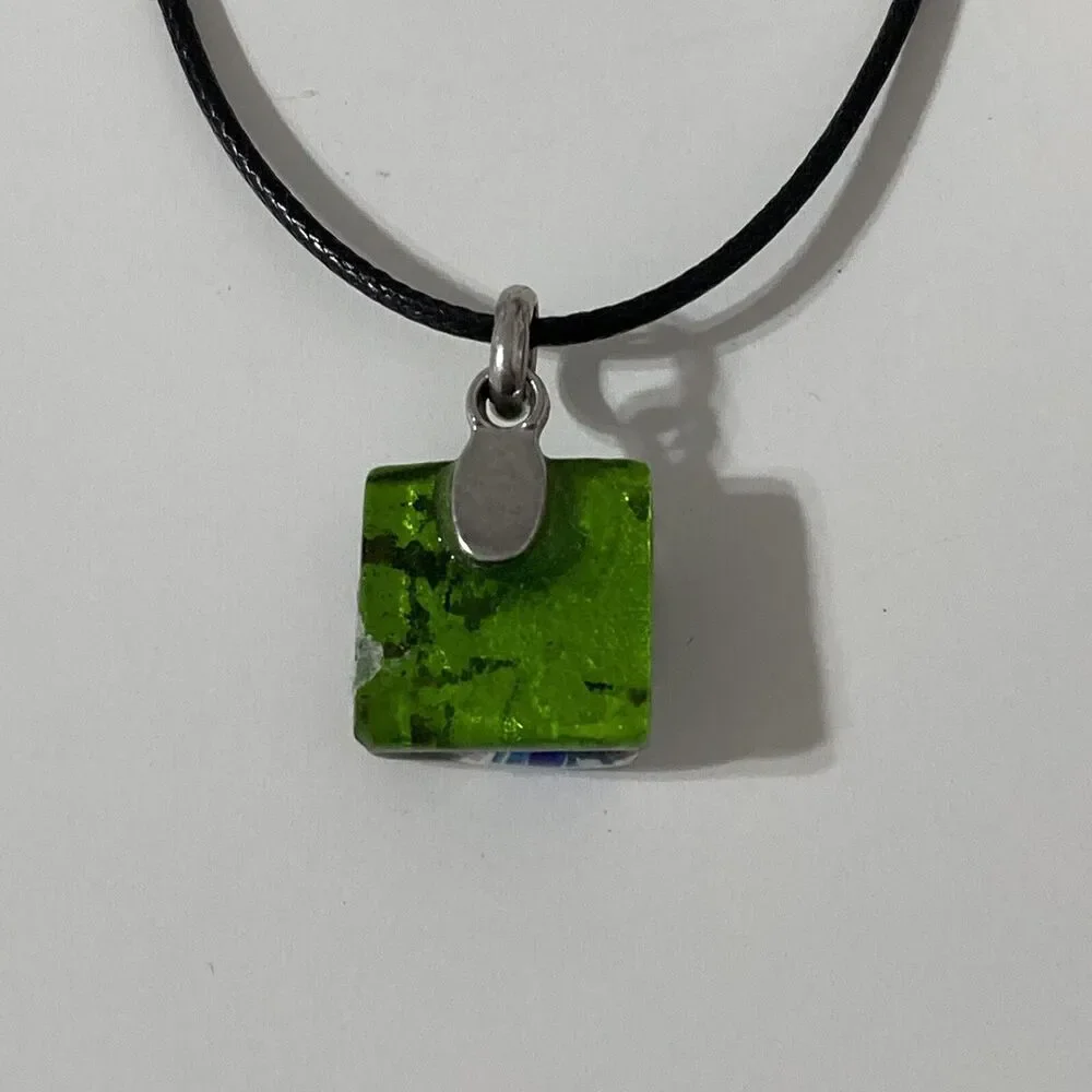 Artisan Murano Style Square Cut Glass Pendant Necklace Corded Purple Green